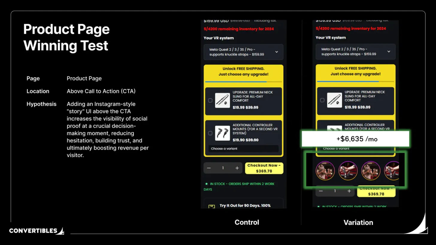 Instagram Stories UI for Product Page Social Proof: $6.6K/Month Case Study